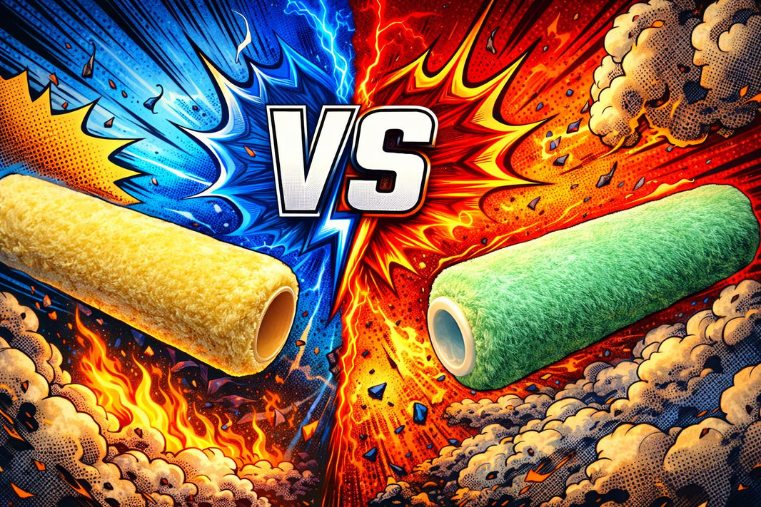 Comparison graphic showing two different paint rollers facing off, highlighting differences in roller types for coating and waterproofing applications.