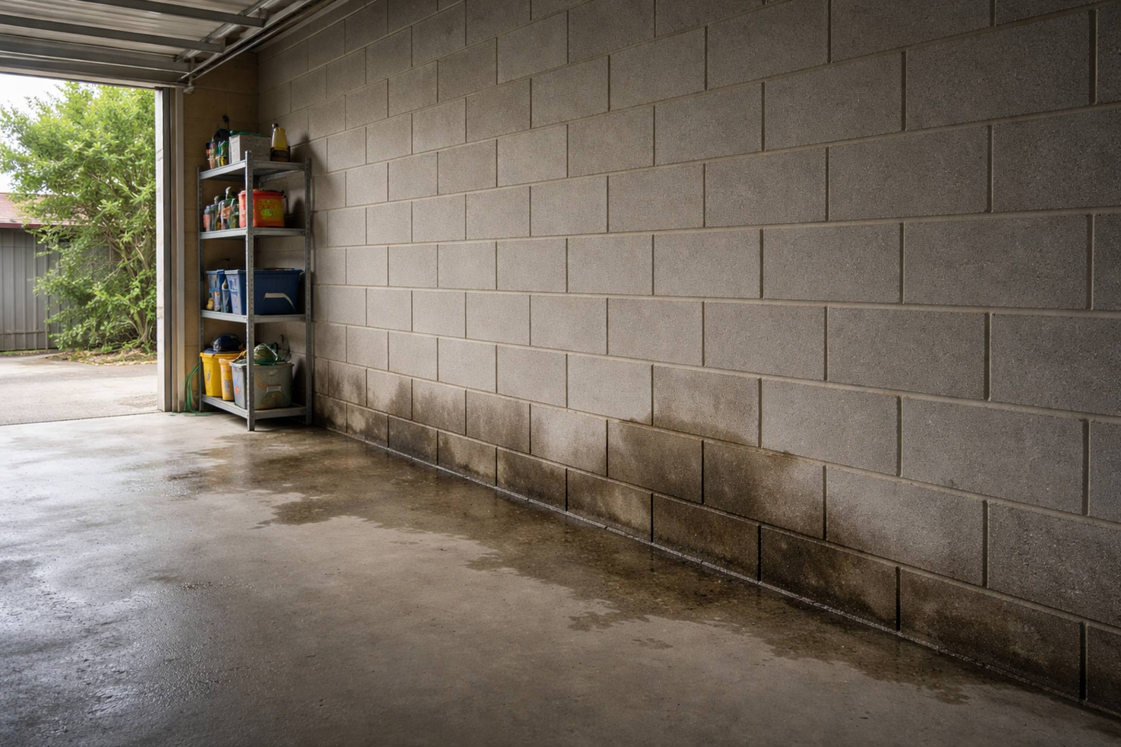 Concrete block garage wall showing damp patches and water seepage at the wall-to-floor junction after heavy rain, indicating moisture ingress in an Australian residential garage.