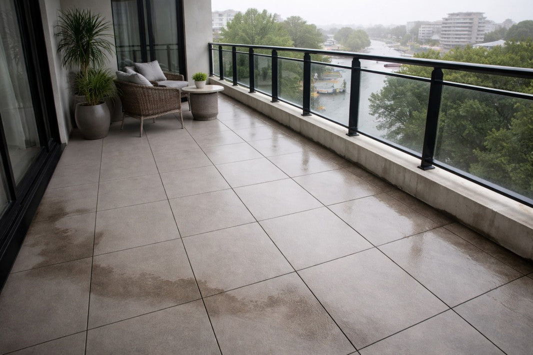 Apartment balcony showing damp staining and perimeter moisture after heavy rain, with tiled surface and no visible membrane damage