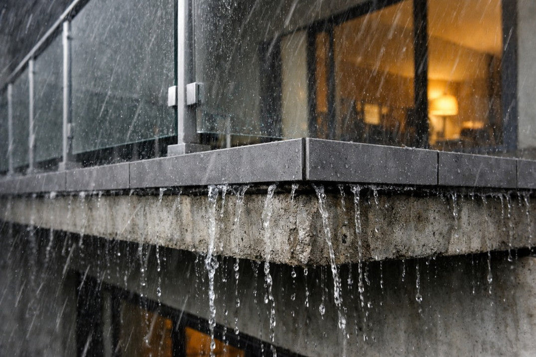 Wind-driven rain spilling over apartment balcony edge, showing water discharge and saturation at tile and slab junction