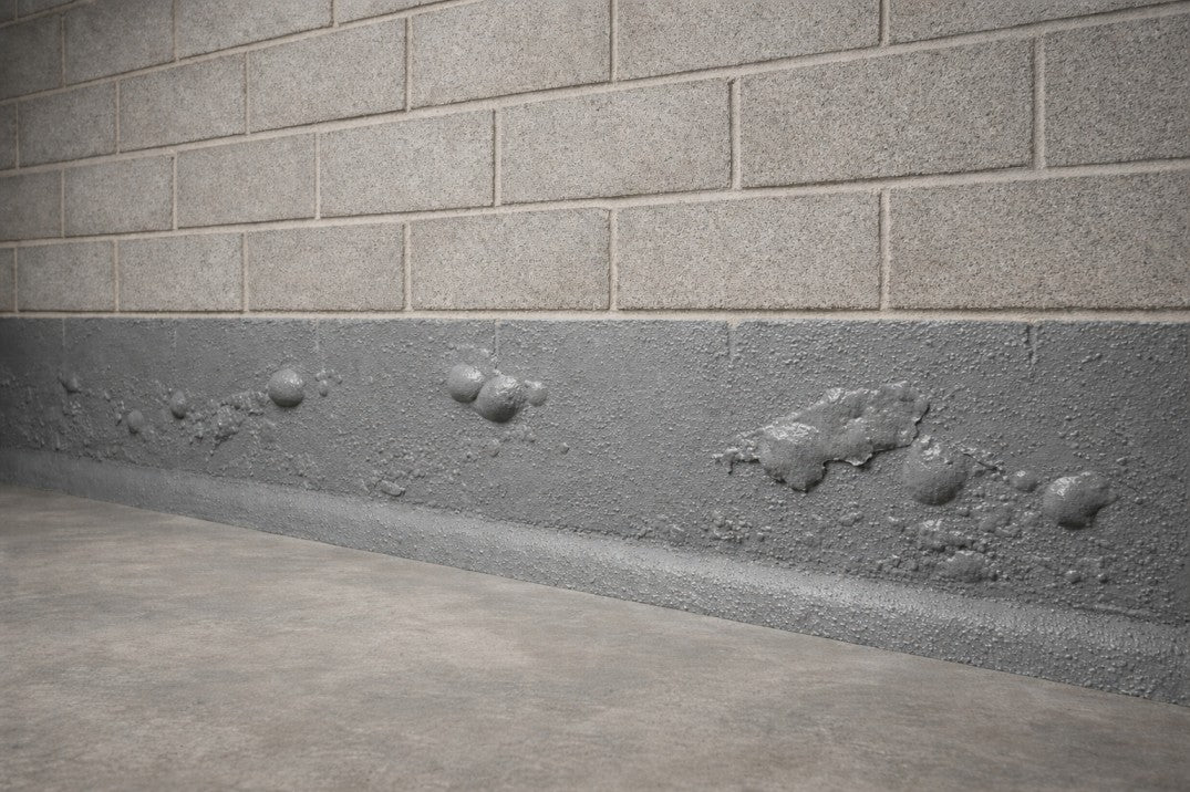 Blistering negative-side cementitious waterproofing membrane at basement slab-to-wall junction on masonry blockwork