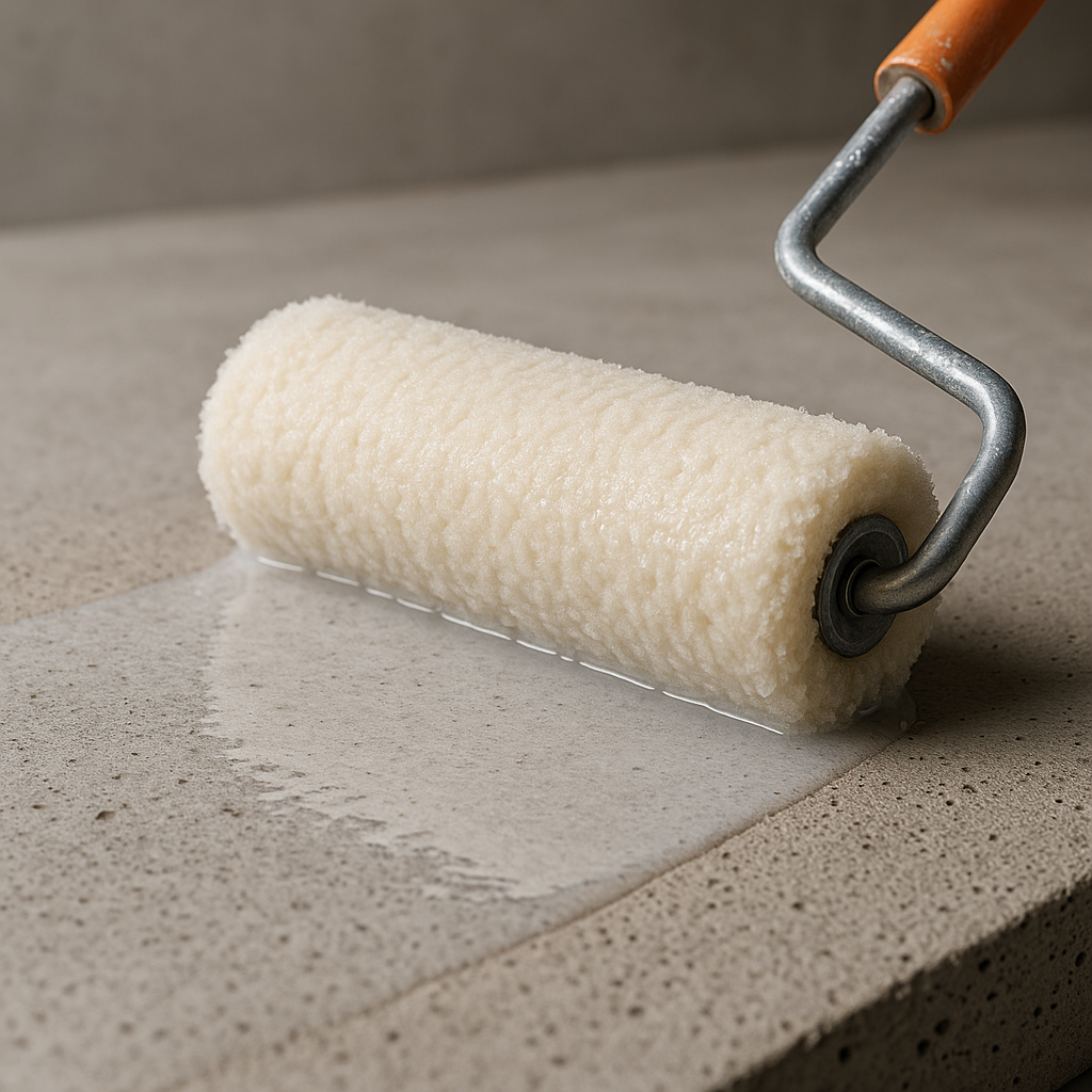 Close-up of a stick roller sleeve applying a milky clear waterproofing primer to a porous concrete surface, showing glossy sheen and fine roller texture.
