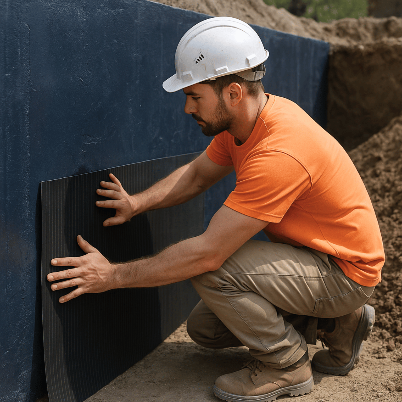 Tradesperson installing black Corflute protection board against a dark blue waterproofed retaining wall on a construction site, preparing for backfilling under natural daylight.