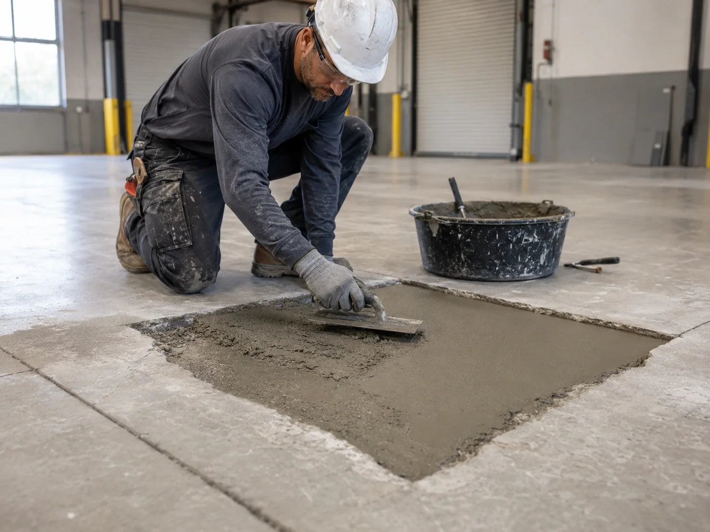 Concrete contractor applying repair mortar to a damaged warehouse slab