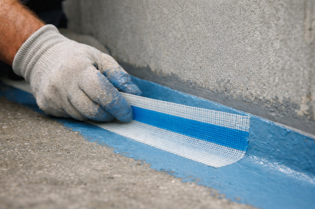 Internal shower waterproofing detail showing fine mesh reinforcement bandage embedded into blue waterproofing membrane at floor-to-wall junction over screed and cement sheet.