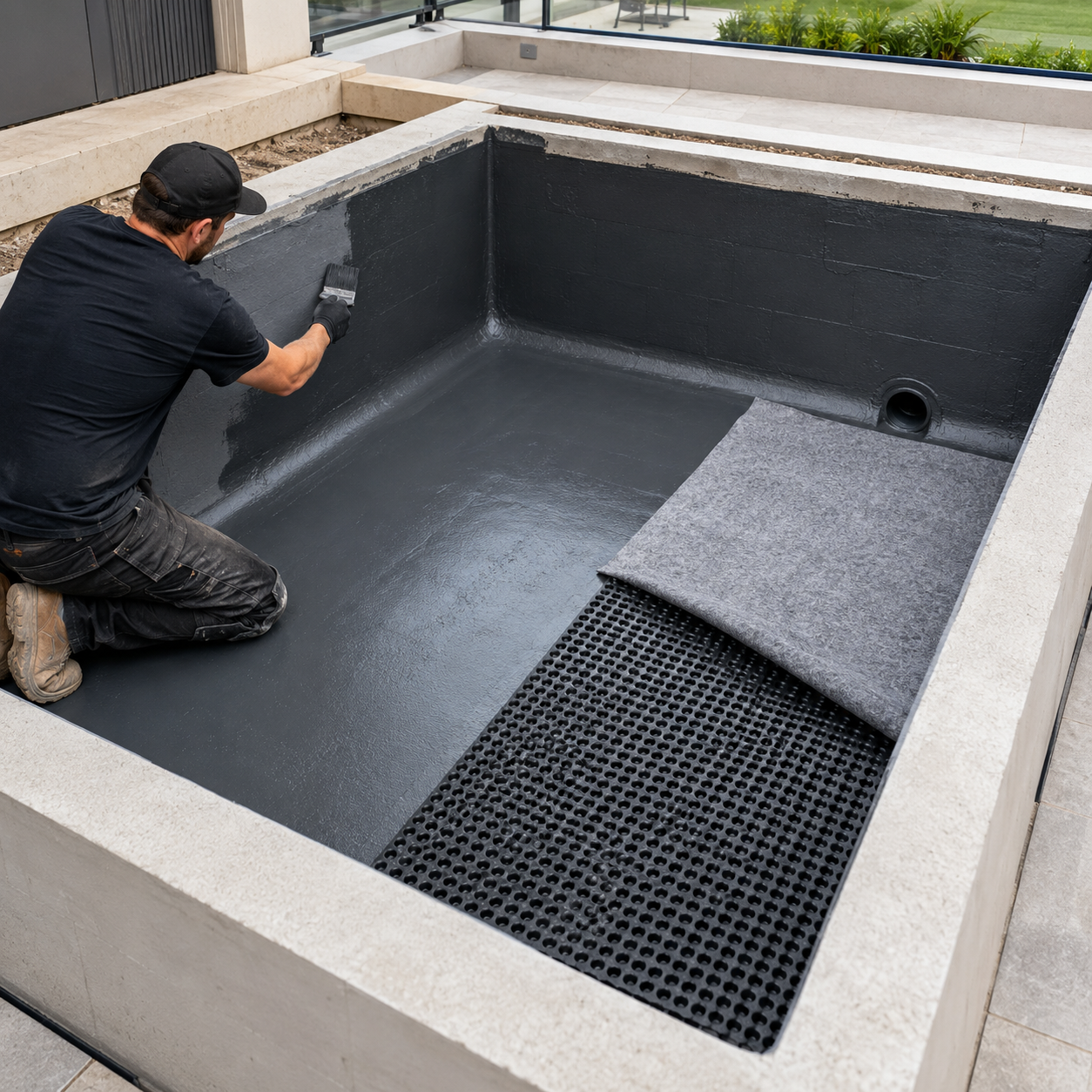 Positive-side waterproofing and drainage protection inside a masonry planter box