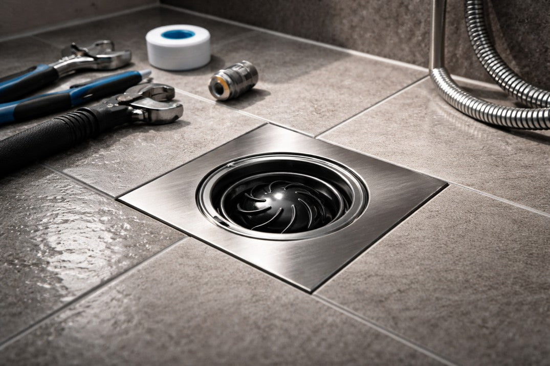 Modern shower floor waste with installed magnetic smell stopper, stainless steel drain set into tiled shower base, plumbing supplies and fittings for internal wet areas