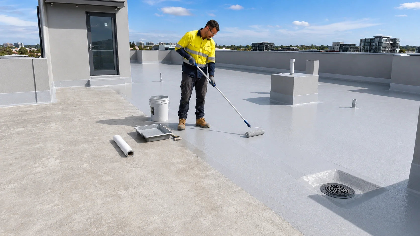 Professional waterproofing membrane application on an exposed concrete roof