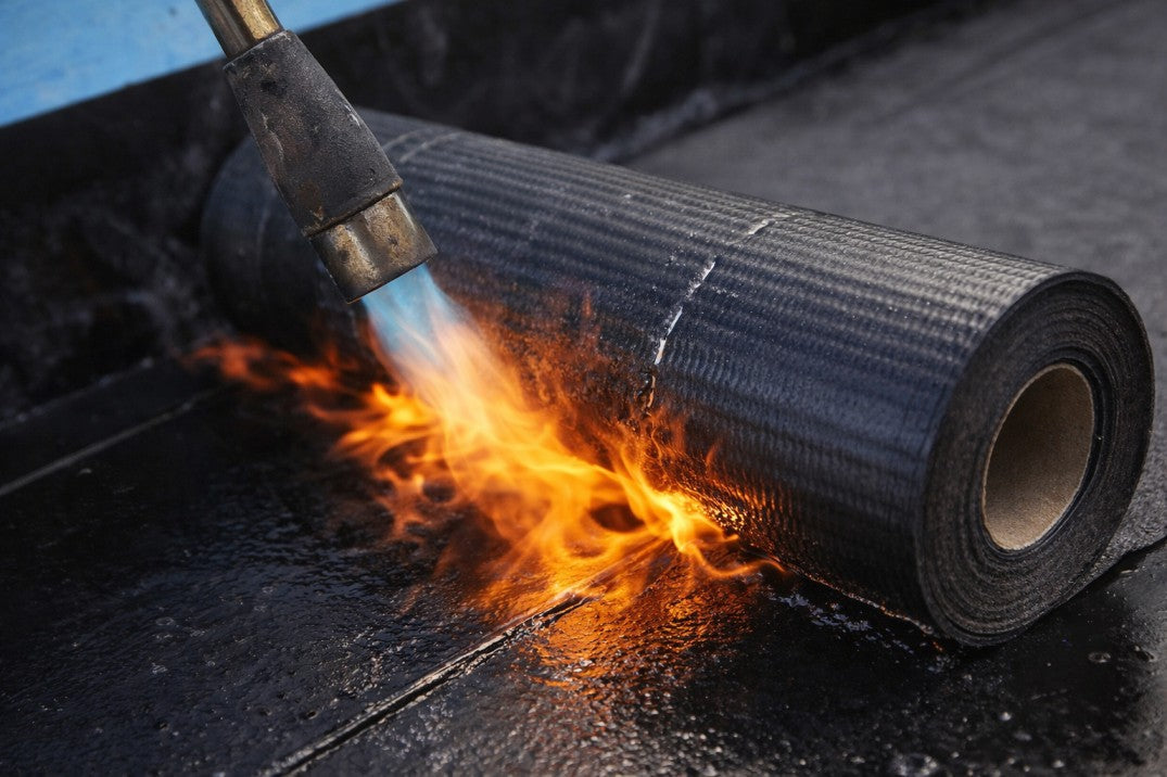 Torch-on bitumen waterproofing membrane being heat-applied to a roof substrate.