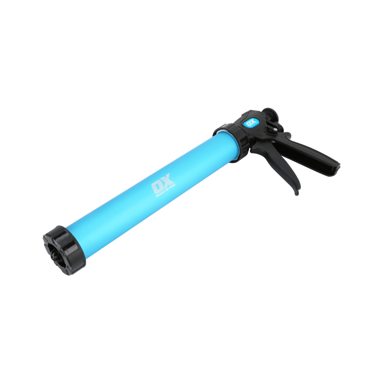 A blue and black caulking gun with a white DX logo on the barrel, shown on a solid white background.