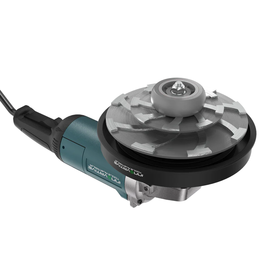 Innovative Tools 230mm concrete puddle flange recess kit mounted to a 9 inch grinder