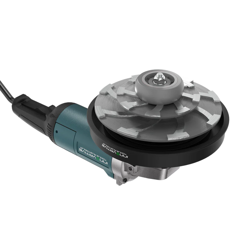 Innovative Tools 230mm concrete puddle flange recess kit mounted to a 9 inch grinder