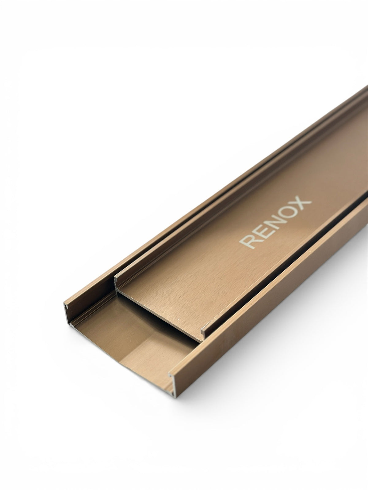 RenoX tile-insert V-drain in Copper Bronze finish