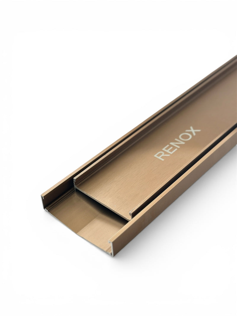 RenoX tile-insert V-drain in Copper Bronze finish